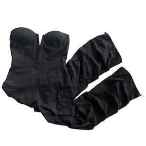 Kaylee Kollection Women L Black Strapless Bustier Wide Leg Pocket Cargo Jumpsuit